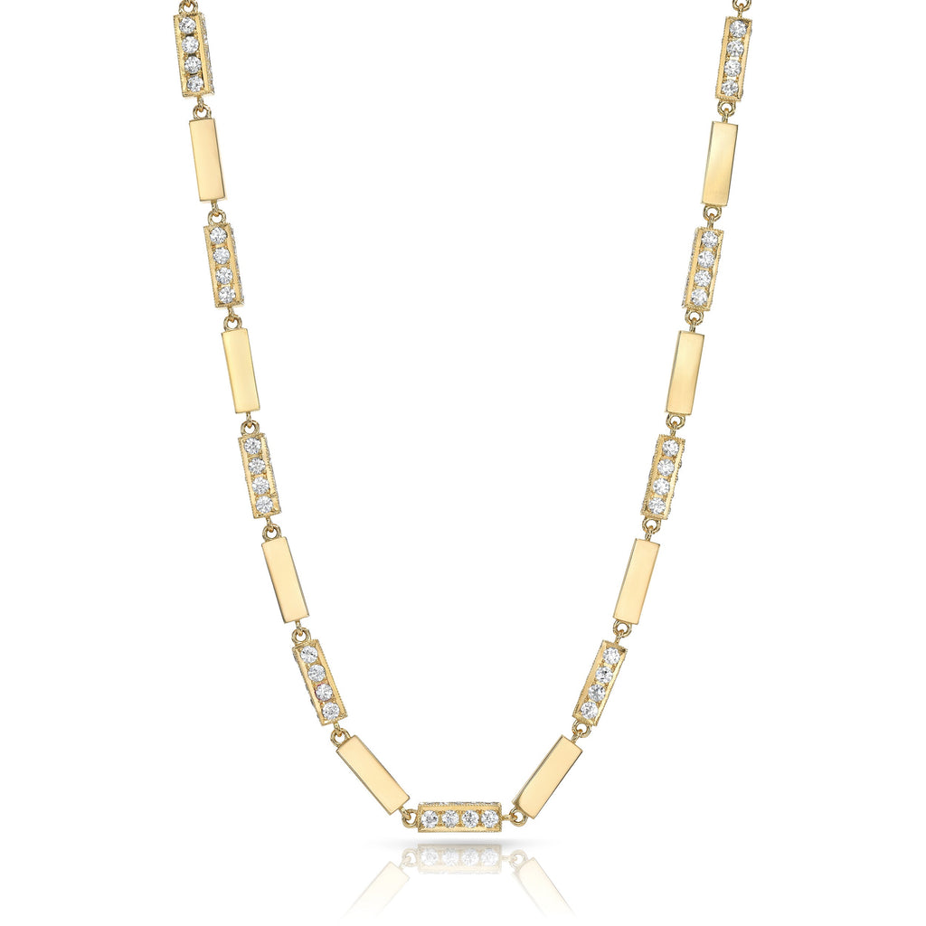 SINGLE STONE GIANA NECKLACE WITH DIAMONDS featuring Approximately 9.00ctw G-H/VS old European cut diamonds set in a handcrafted 18K yellow gold alternating diamond and full bar necklace. Necklace measures 17.5".