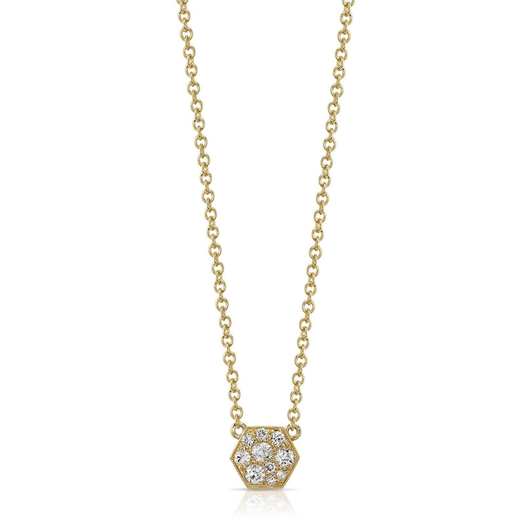 SINGLE STONE HEXAGONAL COBBLESTONE PENDANT NECKLACE featuring Approximately 0.30ctw varying old cut and round brilliant cut diamonds set in a handcrafted 18K yellow gold pendant on an 18K yellow gold chain. Available in an oxidized or polished finish. Nec