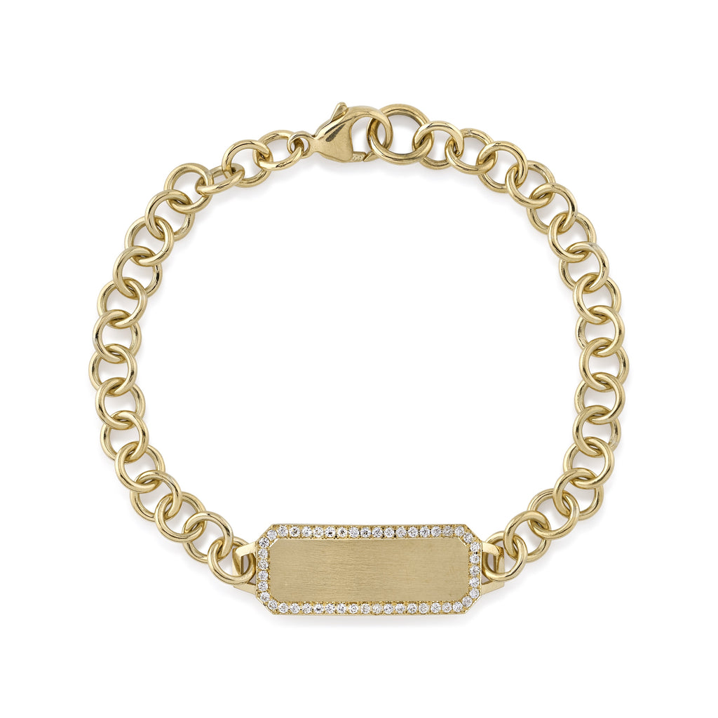 SINGLE STONE ID BRACELET featuring Handcrafted 18K yellow gold bracelet and ID bar with approximately 0.40ctw G-H/VS surround set old European cut diamonds. Bracelet measures 7.5". Price includes monogrammed engraving of up to three letters in any of the