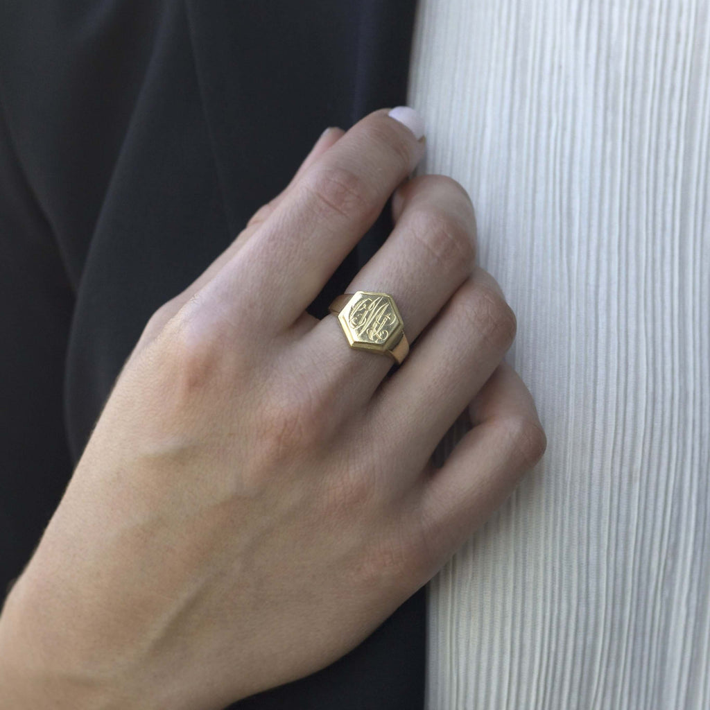 SINGLE STONE ZOE RING featuring Vintage inspired 18K yellow gold hexagon signet ring. Available with or without diamonds. Price includes monogrammed engraving of up to three letters in any of the styles shown above - please be sure to specify before placi