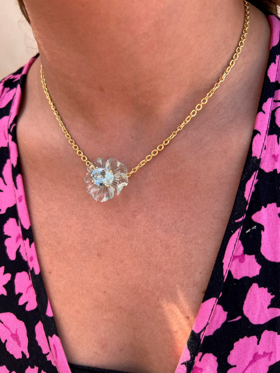 Irene Neuwirth Tropical Flower Aquamarine Necklace in Yellow Gold