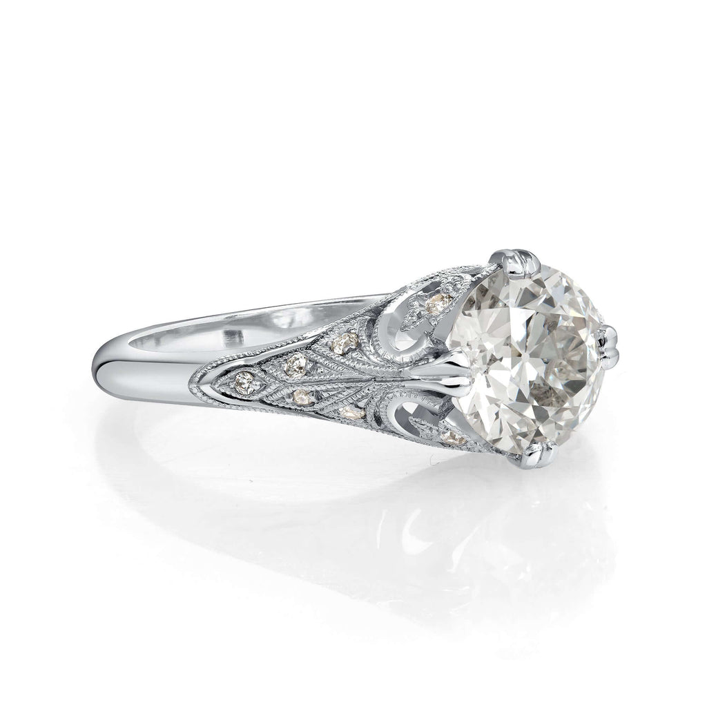 SINGLE STONE ITZELA RING featuring 1.35ct J/VS1 GIA certified old European cut diamond with 0.10ctw old European cut accent diamonds set in a handcrafted platinum mounting.