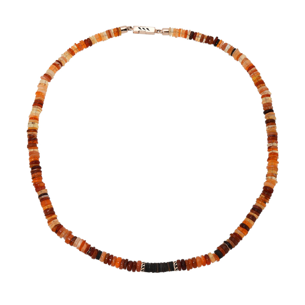 FIRE OPAL PUKA BEAD NECKLACE, 18k rose gold  
Black shark fin enamel clasp 
5mm fire opal puka beads 
Coco shell beads 
16 inches in length 
, NECKLACES, DEZSO