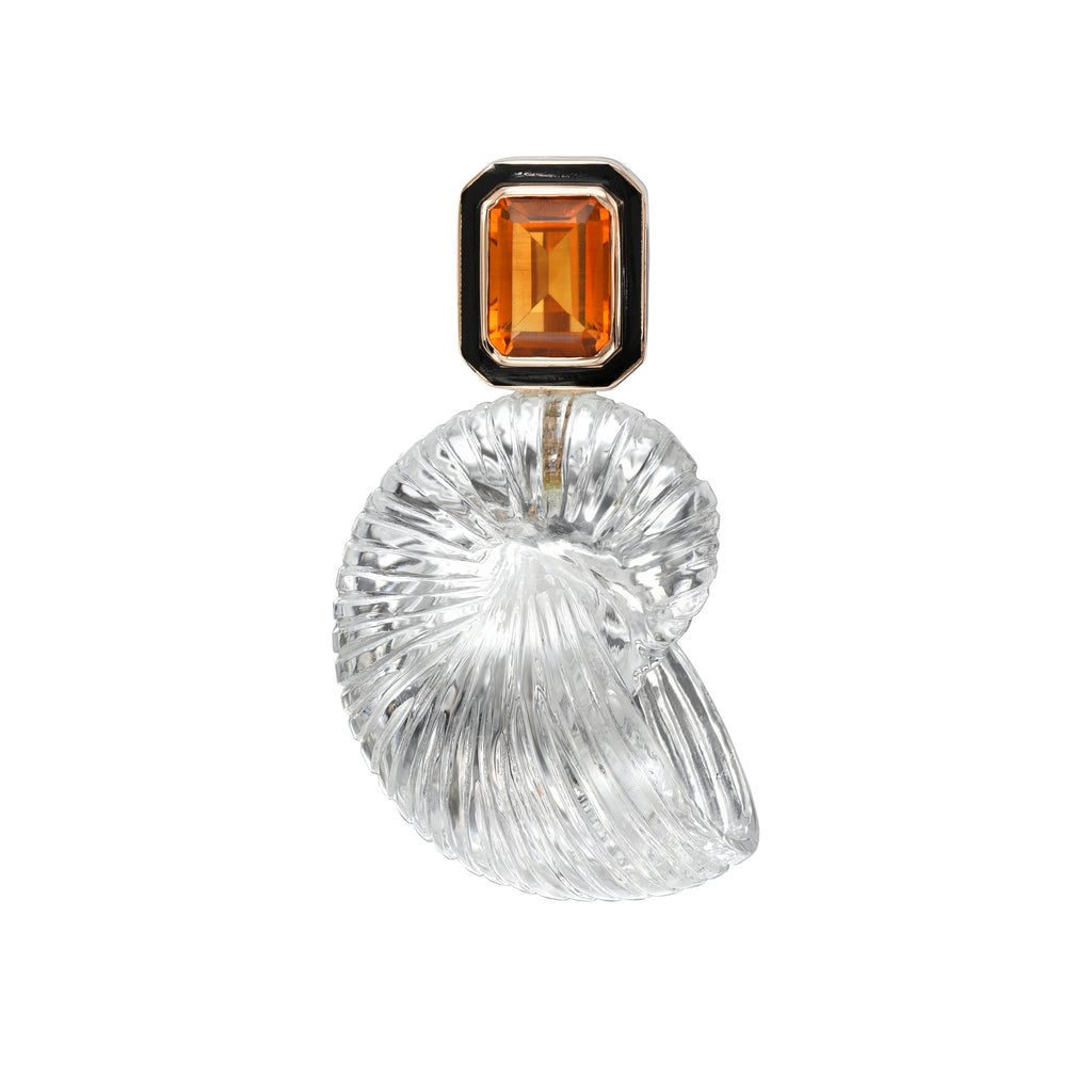 CARVED CRYSTAL NAUTILUS WITH CITRINE CHARM, 18k rose gold & black enamel Carved crystal nautilus shell Emerald cut citrine, Pendant, DEZSO