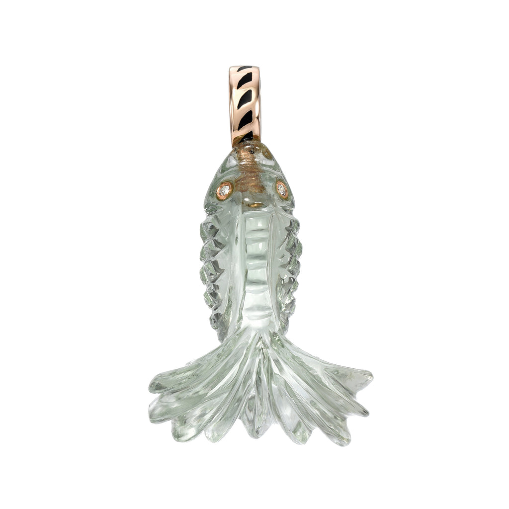 CARVED GREEN AMETHYST FISH CHARM, 18k rose gold & black enamel Carved green amethyst Diamond eyes, Pendant, DEZSO