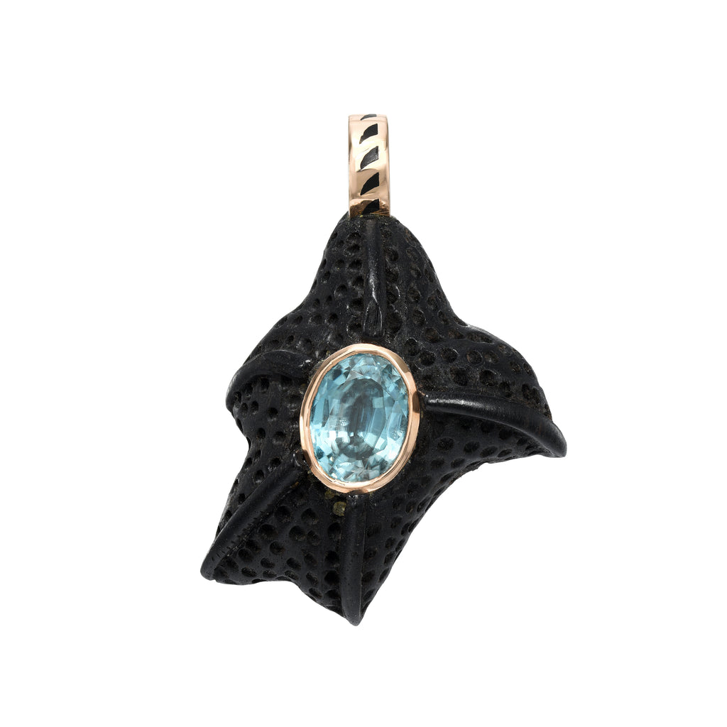 CARVED EBONY STARFISH CHARM, 18k rose gold & black enamel Carved ebony starfish Oval blue zircon, Pendant, DEZSO