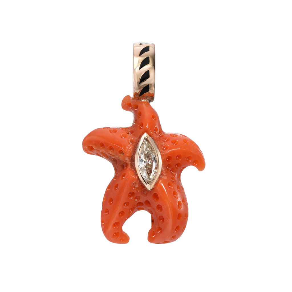 PETITE CORAL STARFISH CHARM, 18k rose gold & black enamel Carved coral starfish Marquis diamond, Pendant, DEZSO