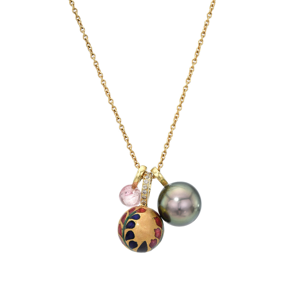 MEENAKARI PENDANT NECKLACE, 18k yellow gold chain 
19 inches in length 
Pink tourmaline sphere 
, Necklaces, Alice Cicolini
