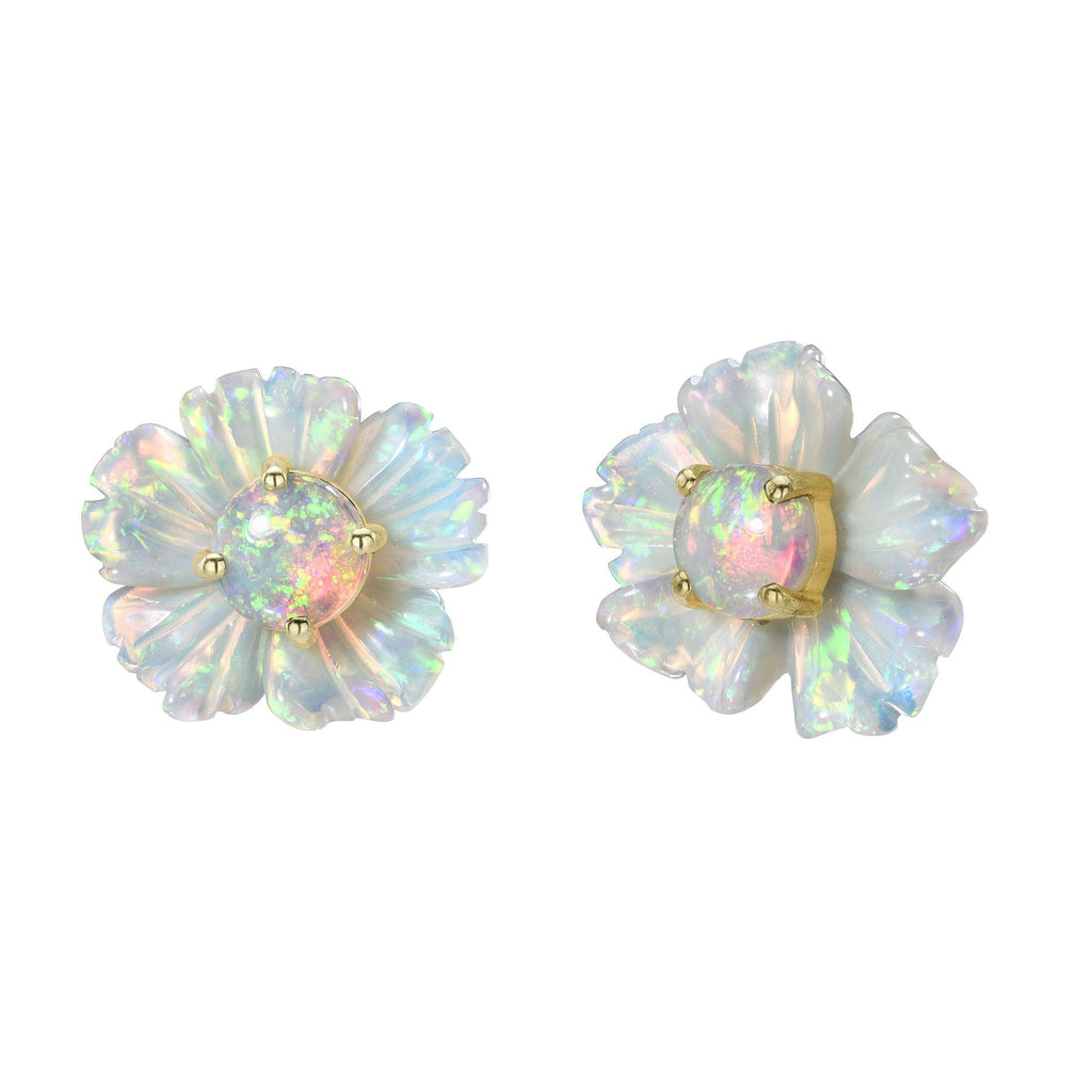 OPAL TROPICAL FLOWER STUDS, 18k yellow gold 5.13cts carved opal flowers 0.66cts opal center stones Made in Los Angeles, Earrings, Irene Neuwirth