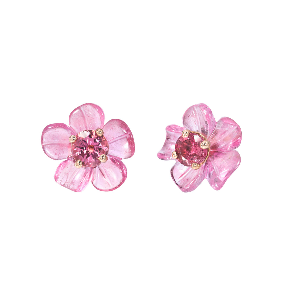 PINK TOURMALINE TROPICAL FLOWER STUDS, 18k yellow gold 
3.05cts carved pink tourmaline flowers, Earrings, Irene Neuwirth