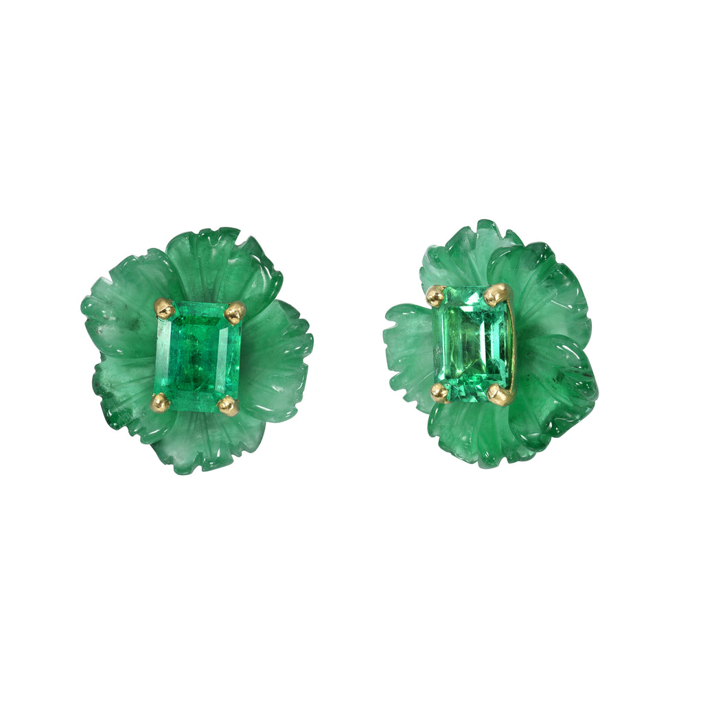 EMERALD TROPICAL FLOWER STUDS, 18k yellow gold 9.20ct carved emerald flowers 1.97ct emerald center stones Made in Los Angeles, Earrings, Irene Neuwirth