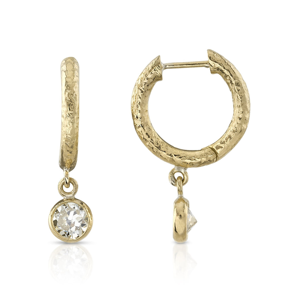 SINGLE STONE JANE DROP HUGGIES | Earrings featuring 0.48ctw J-K/VS-SI antique Old Mine cut diamonds bezel set on handcrafted 18K yellow gold hammered finish huggie earrings.
