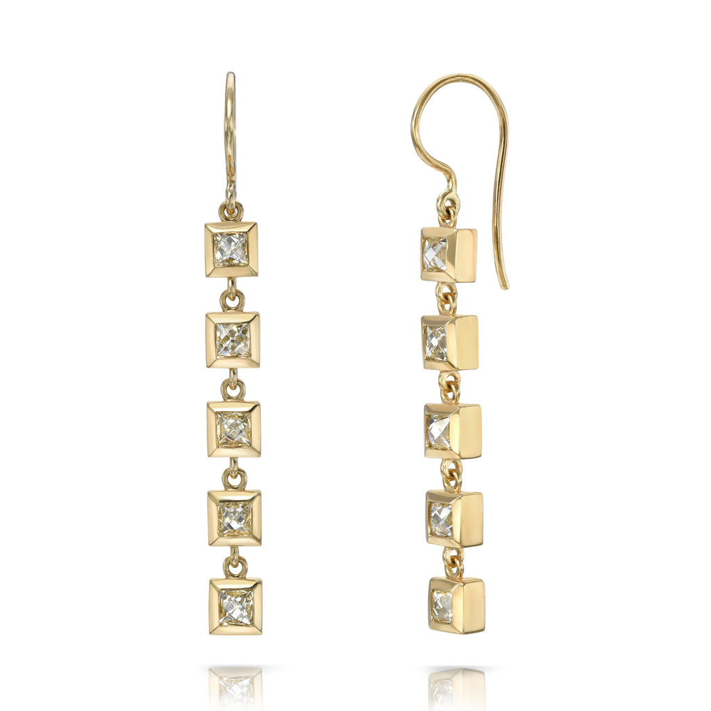 SINGLE STONE KARINA DUSTER | Earrings featuring 3.35ctw I-J/VS French cut diamonds bezel set in handcrafted 18K yellow gold drop earrings.
