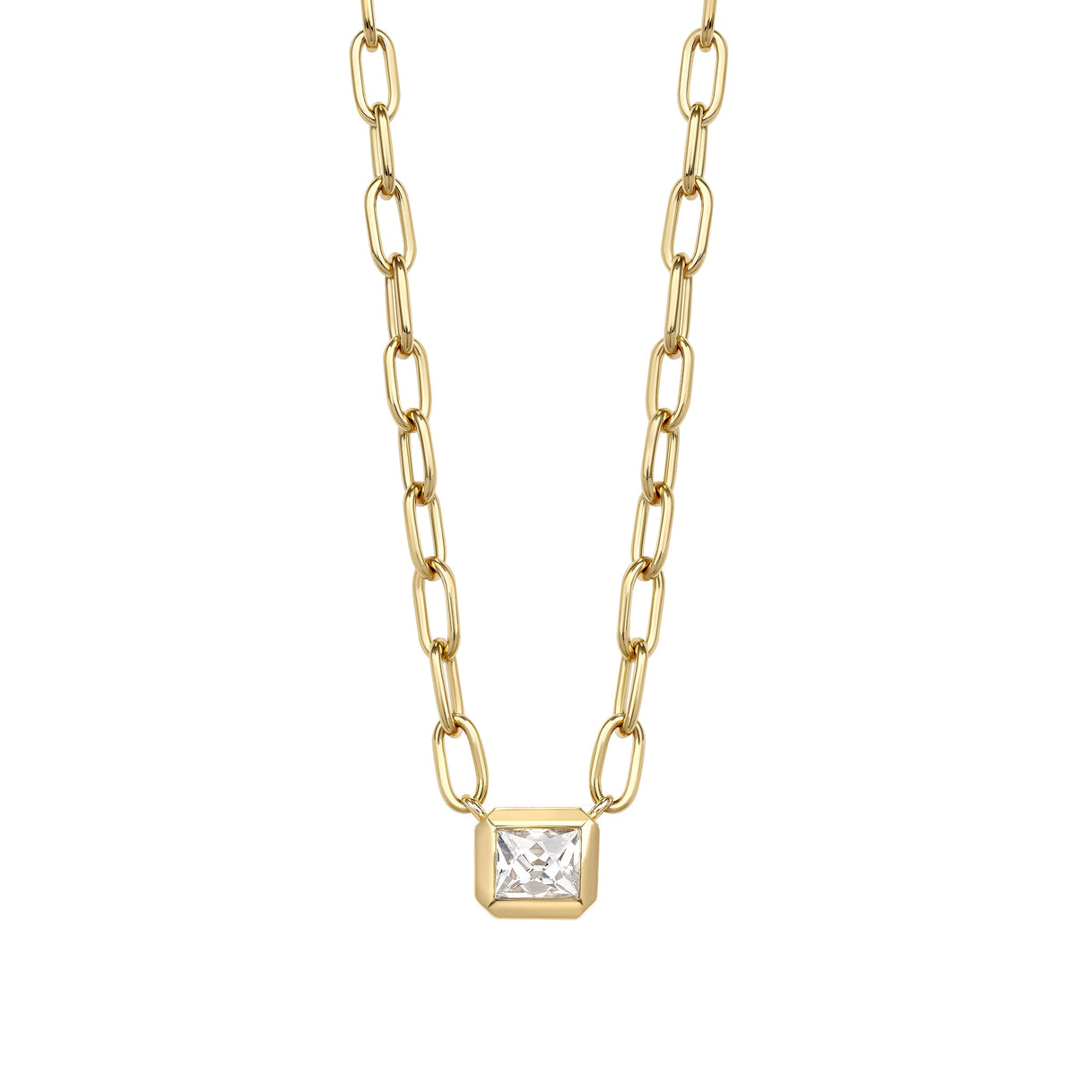 SINGLE STONE KARINA NECKLACE featuring 0.92ct F/VS2 GIA certified French cut diamond bezel set on a handcrafted 18K yellow gold pendant necklace. Necklace measures 17"