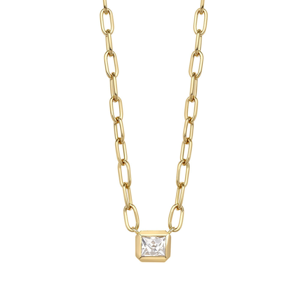 SINGLE STONE KARINA NECKLACE featuring 0.92ct F/VS2 GIA certified French cut diamond bezel set on a handcrafted 18K yellow gold pendant necklace. Necklace measures 17"
