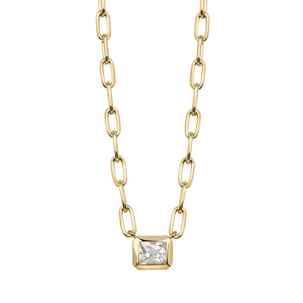SINGLE STONE KARINA NECKLACE featuring 0.92ct I/VS2 GIA certified French cut diamond bezel set on a handcrafted 18K yellow gold pendant necklace. Necklace measures 17"