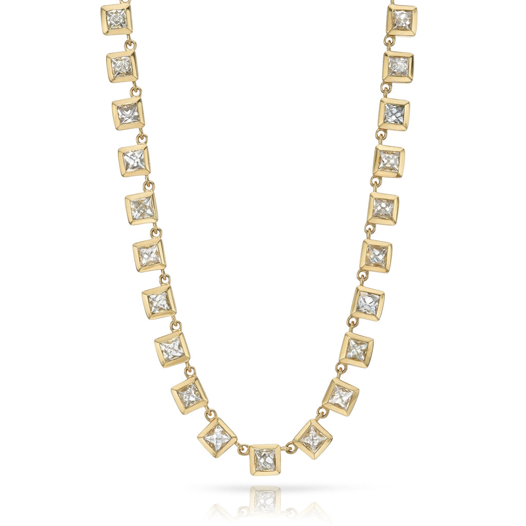 SINGLE STONE KARINA RIVIERA NECKLACE featuring 15.34ctw H-I/VS-SI square French cut diamonds bezel set in a handcrafted 18K yellow gold necklace.