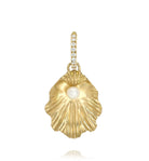 Gold shell pendant with a pearl and diamond accents on a white background