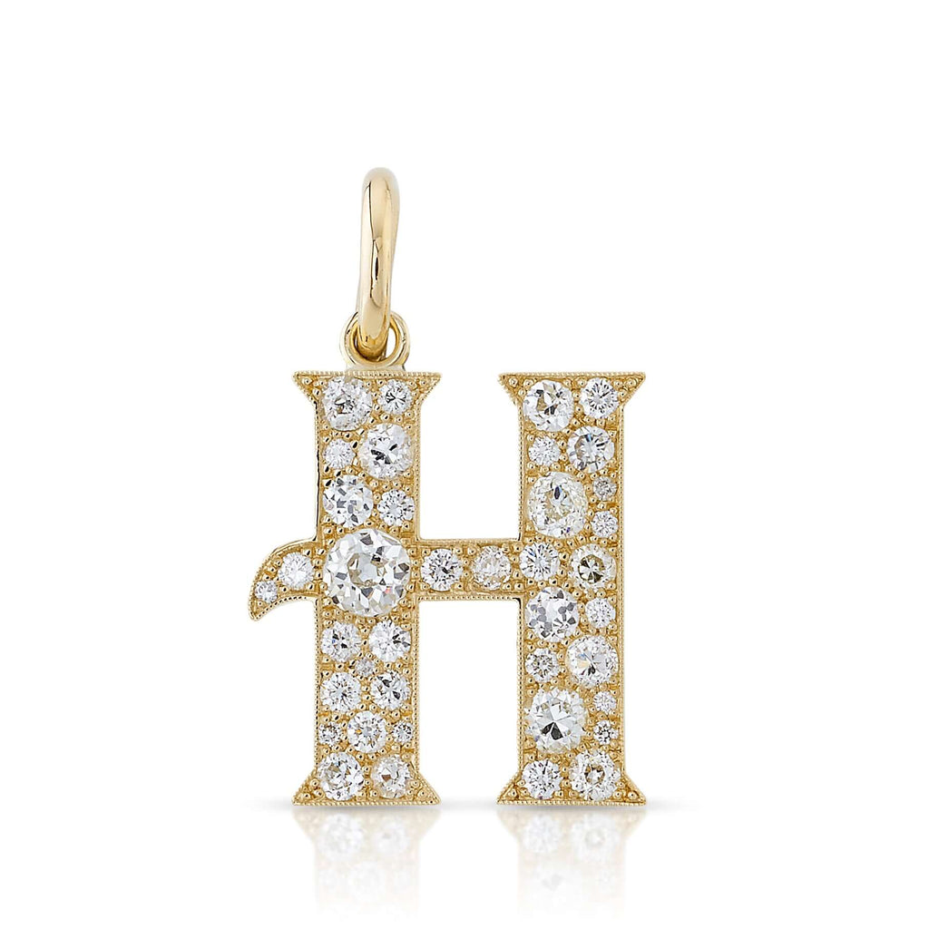 SINGLE STONE LARGE COBBLESTONE LETTERS PENDANT featuring Approximately 0.95ctw-2.75ctw varying old cut and round brilliant cut diamonds set in a handcrafted 18K yellow gold letter pendant. Letters are approximately 1" tall. Available in an oxidized or pol