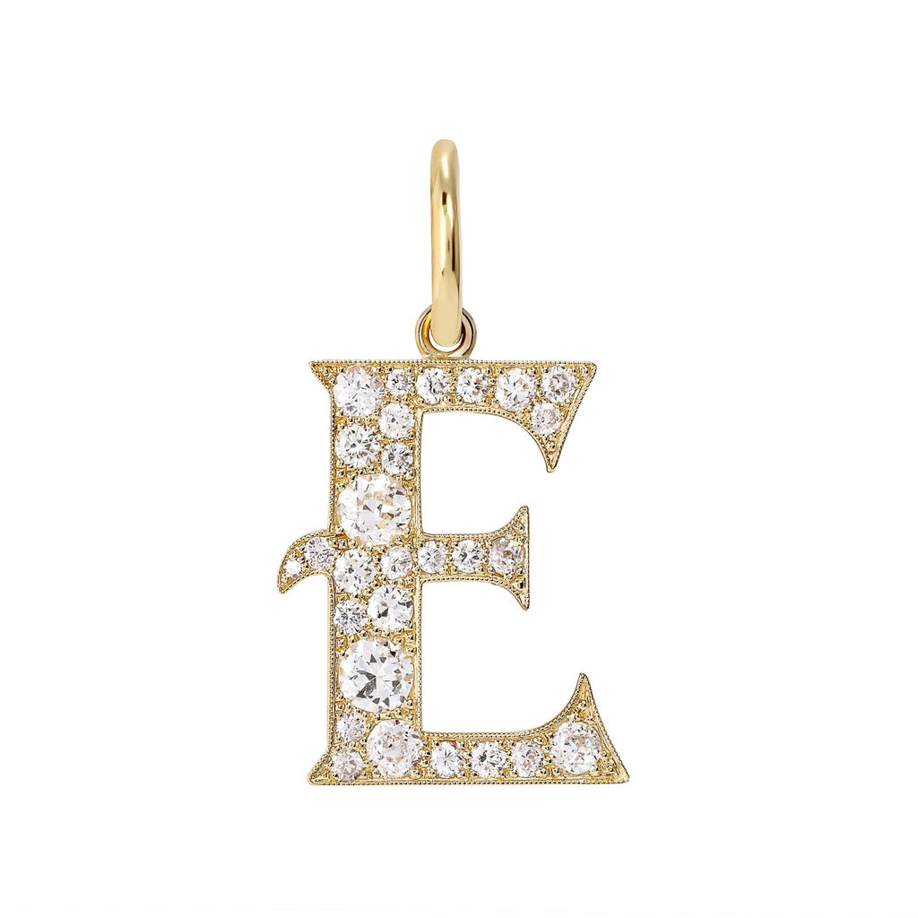 SINGLE STONE LARGE COBBLESTONE LETTERS PENDANT featuring Approximately 0.95ctw-2.75ctw varying old cut and round brilliant cut diamonds set in a handcrafted 18K yellow gold letter pendant. Letters are approximately 1" tall. Available in an oxidized or pol