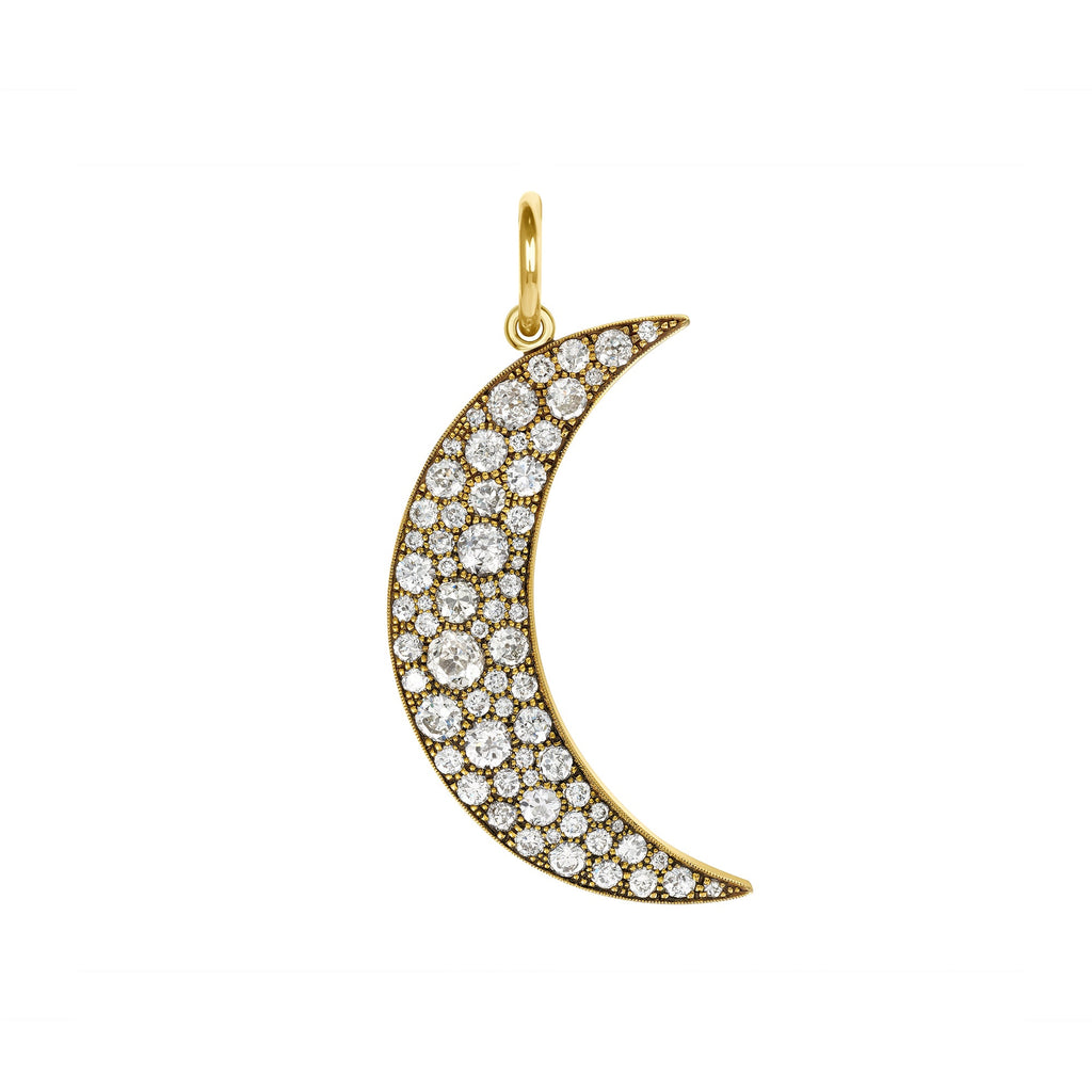 SINGLE STONE LARGE COBBLESTONE MOON PENDANT featuring Approximately 4.20ctw varying old cut and round brilliant cut diamonds set in a handcrafted 18K yellow gold crescent moon shaped pendant. Available in an oxidized or polished finish.