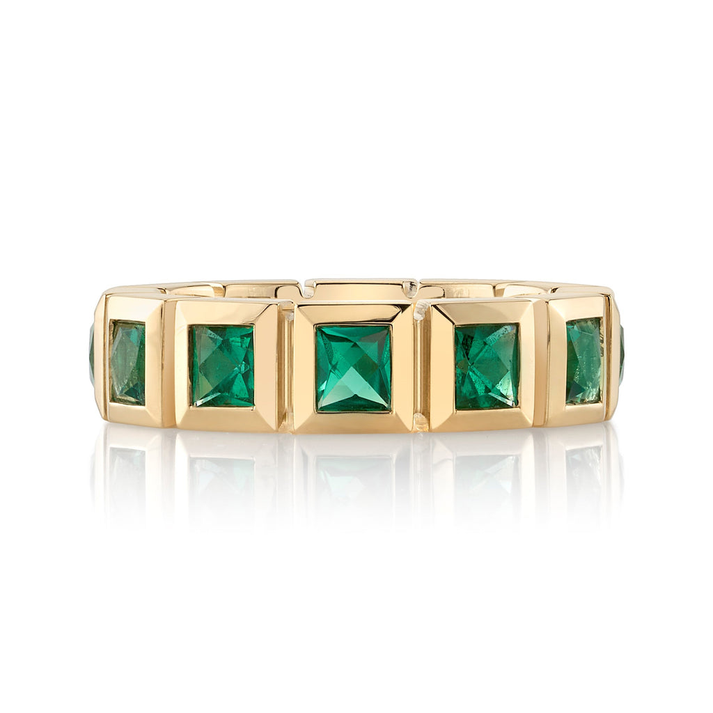 SINGLE STONE LARGE KARINA WITH GEMSTONES BAND | Approximately 2.75ctw-3.00ctw square French cut gemstones bezel set in a handcrafted 18K yellow gold eternity band. Available with rubies, sapphires or emeralds. Approximate band width 5.5mm. Please inquire