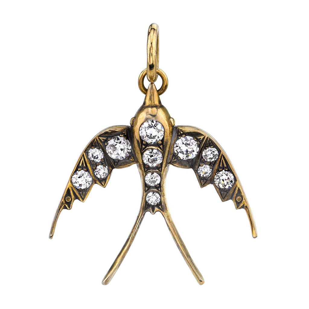 SINGLE STONE LARGE SWALLOW PENDANT PENDANT featuring Approximately 0.90ctw G-H/VS old European cut diamonds set in a handcrafted, polished 18K yellow gold swallow pendant. Available in an oxidized or polished finish. Price does not include chain or other