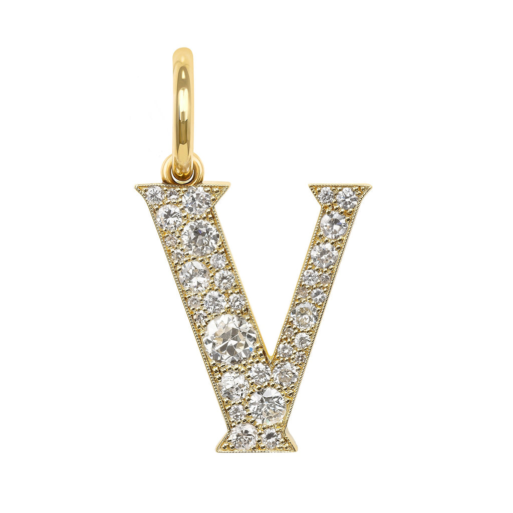 SINGLE STONE LARGE COBBLESTONE LETTERS PENDANT featuring Approximately 0.95ctw-2.75ctw varying old cut and round brilliant cut diamonds set in a handcrafted 18K yellow gold letter pendant. Letters are approximately 1" tall. Available in an oxidized or pol