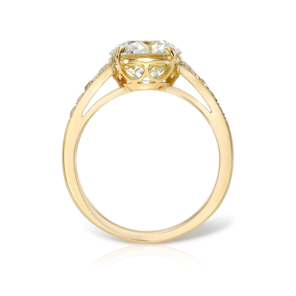 SINGLE STONE LORRAINE RING featuring 2.37ct K/VVS2 GIA certified old European cut diamond with 0.09ctw old European cut accent diamonds prong set in a handcrafted 18K yellow gold mounting.
