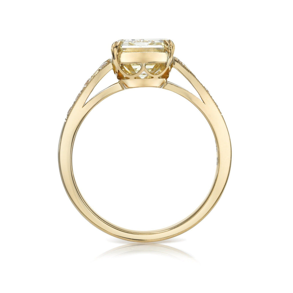 SINGLE STONE LORRAINE RING featuring 3.01ct O-P/VS2 GIA certified emerald cut diamond with 0.07ctw old European cut accent diamonds set in a handcrafted 18K yellow gold mounting.