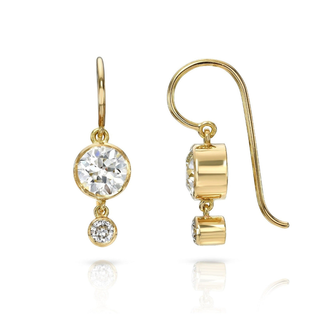 SINGLE STONE PALOMA DOUBLE DROPS | Earrings featuring 1.83ctw I-J/VVS2-VS2 GIA certified old European cut diamonds with 0.18ctw old European cut accent diamonds bezel set in handcrafted 18K yellow gold drop earrings.