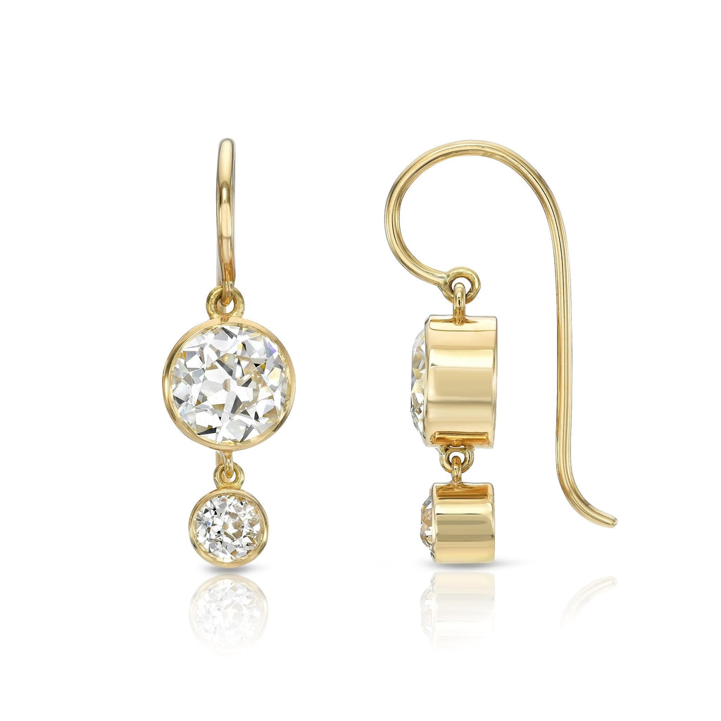 SINGLE STONE PALOMA DOUBLE DROPS | Earrings featuring 2.47ctw J-K/VS1-SI2 old European cut diamonds bezel set in handcrafted 18K yellow gold drop earrings.