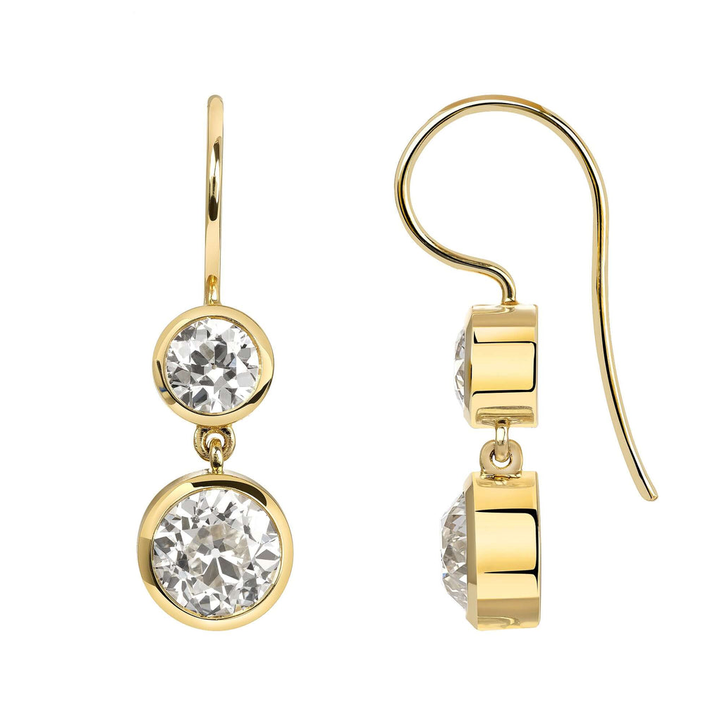 SINGLE STONE LUCIA DOUBLE DROPS | Earrings featuring 3.53ctw J/VS1-VS2 old European cut diamonds bezel set in handcrafted 18K yellow gold drop earrings.