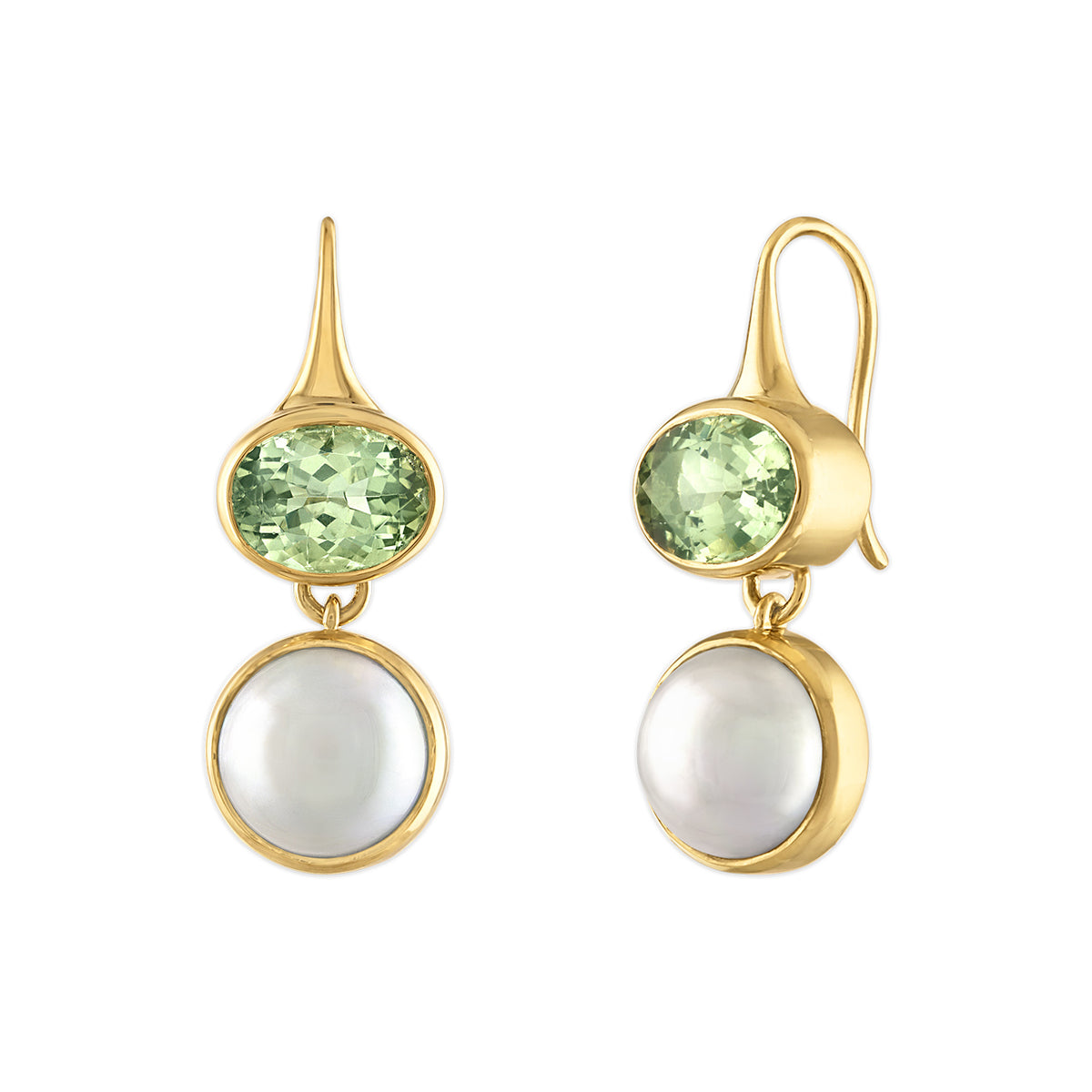 LOUISE EARRINGS, 18k yellow gold 
Green tourmaline 
Pearl, Earrings, Jade Ruzzo