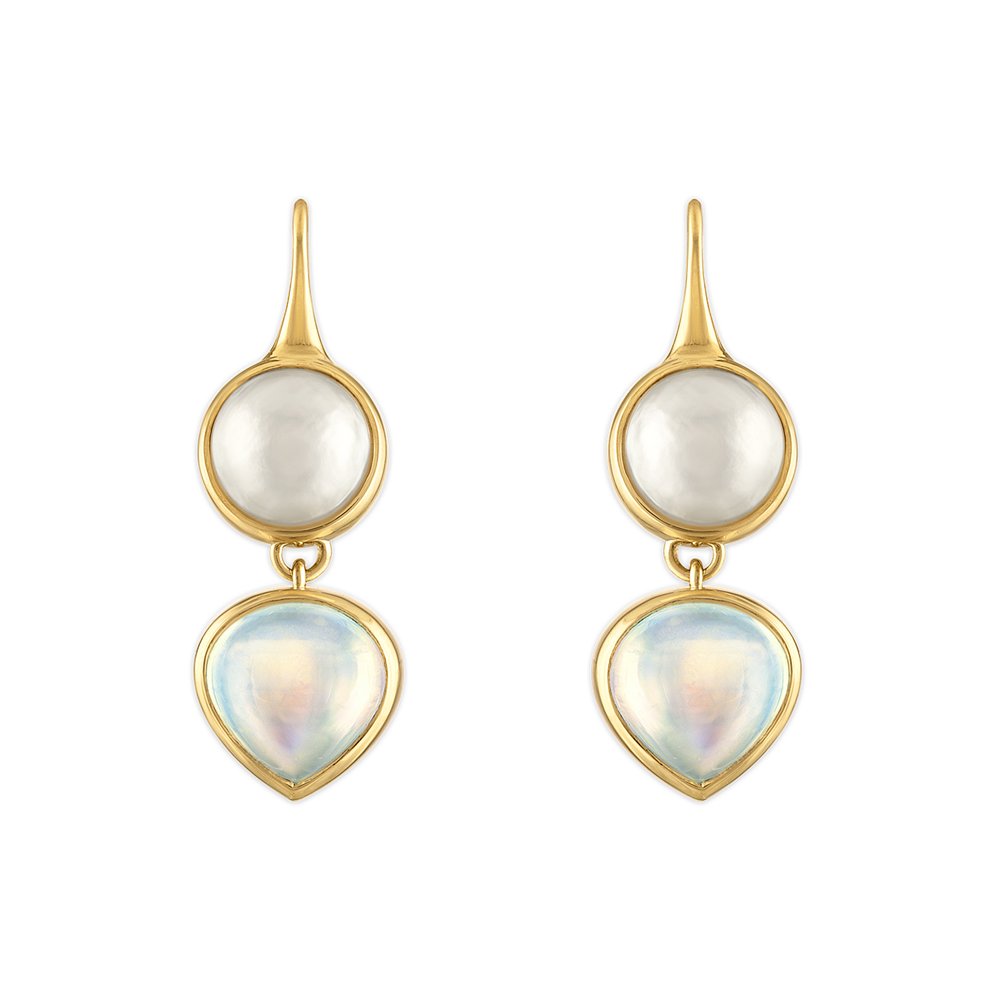 LOUISE EARRINGS - PEARL AND MOONSTONE, 18k yellow gold Mabe pearl buttons 10.14cts rainbow moonstone Made in New York, Earrings, Jade Ruzzo
