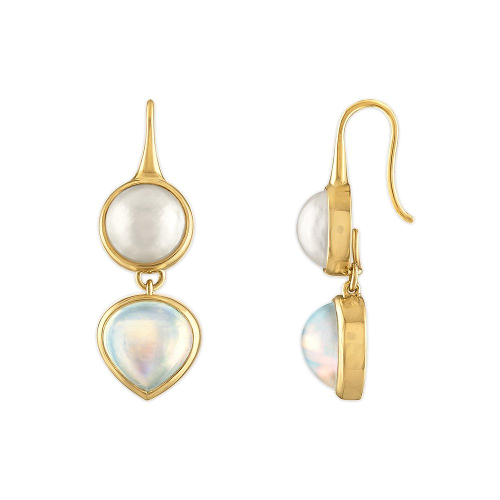LOUISE EARRINGS - PEARL AND MOONSTONE, 18k yellow gold 
Mabe pearl buttons 
10.14cts rainbow moonstone 
Made in New York 
, EARRINGS, JADE RUZZO