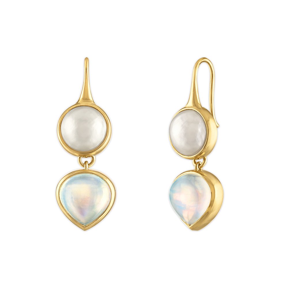 LOUISE EARRINGS - PEARL AND MOONSTONE, 18k yellow gold 
Mabe pearl buttons 
10.14cts rainbow moonstone 
Made in New York 
, EARRINGS, JADE RUZZO