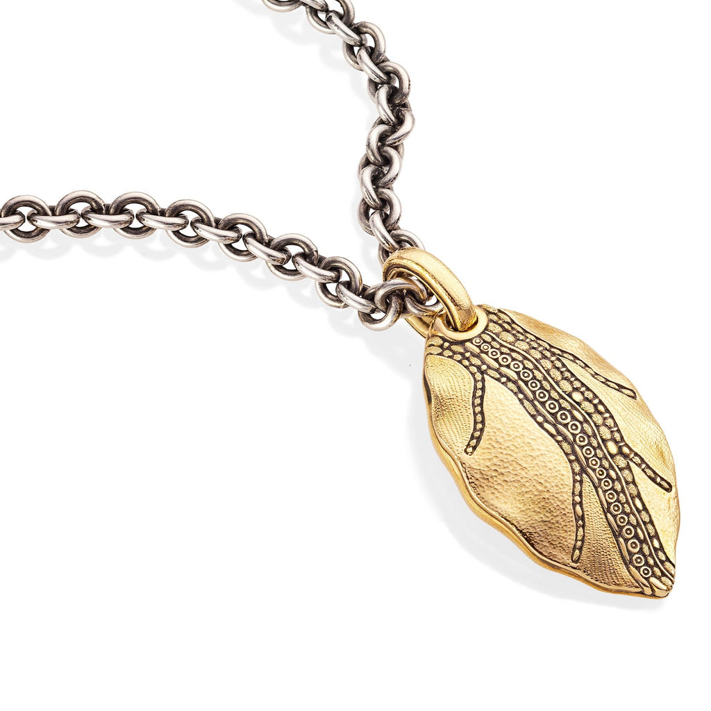 LEAF PENDANT NECKLACE, 18k yellow gold leaf 3.8mm oxidized silver chain with 18k yellow gold clasp 0.01ct round brilliant cut diamond on clasp 32 inches in length Made in New York, NECKLACES, Alex Sepkus