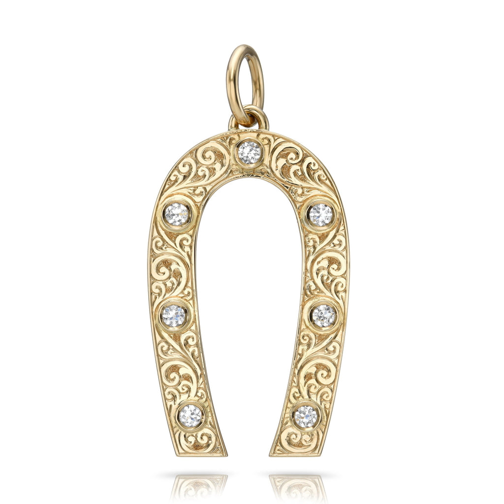 SINGLE STONE LARGE MARILYN PENDANT featuring Approximately 0.70ctw G-H/VS old European cut diamonds bezel set in a handcrafted, hand engraved 18K yellow gold horseshoe pendant.