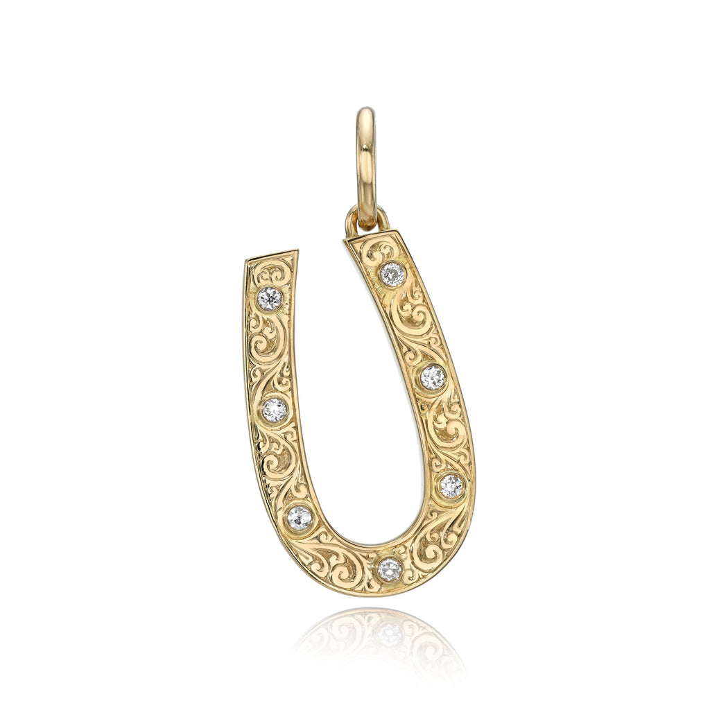 SINGLE STONE SMALL MARILYN Pendant featuring Approximately 0.25ctw G-H/VS Old European cut diamonds bezel set in a handcrafted, hand engraved 18K yellow gold horseshoe shaped pendant.