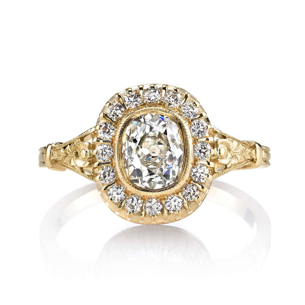 SINGLE STONE MARTINE RING featuring 1.06ct N/SI1 GIA certified antique cushion cut diamond with 0.27ctw old European cut accent diamonds set in a handcrafted 18K yellow gold mounting.