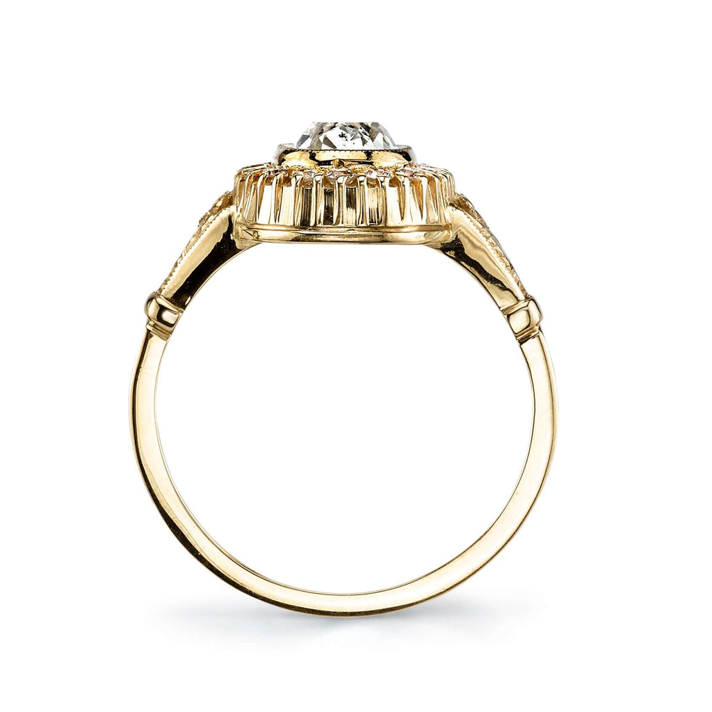SINGLE STONE MARTINE RING featuring 1.06ct N/SI1 GIA certified antique cushion cut diamond with 0.27ctw old European cut accent diamonds set in a handcrafted 18K yellow gold mounting.