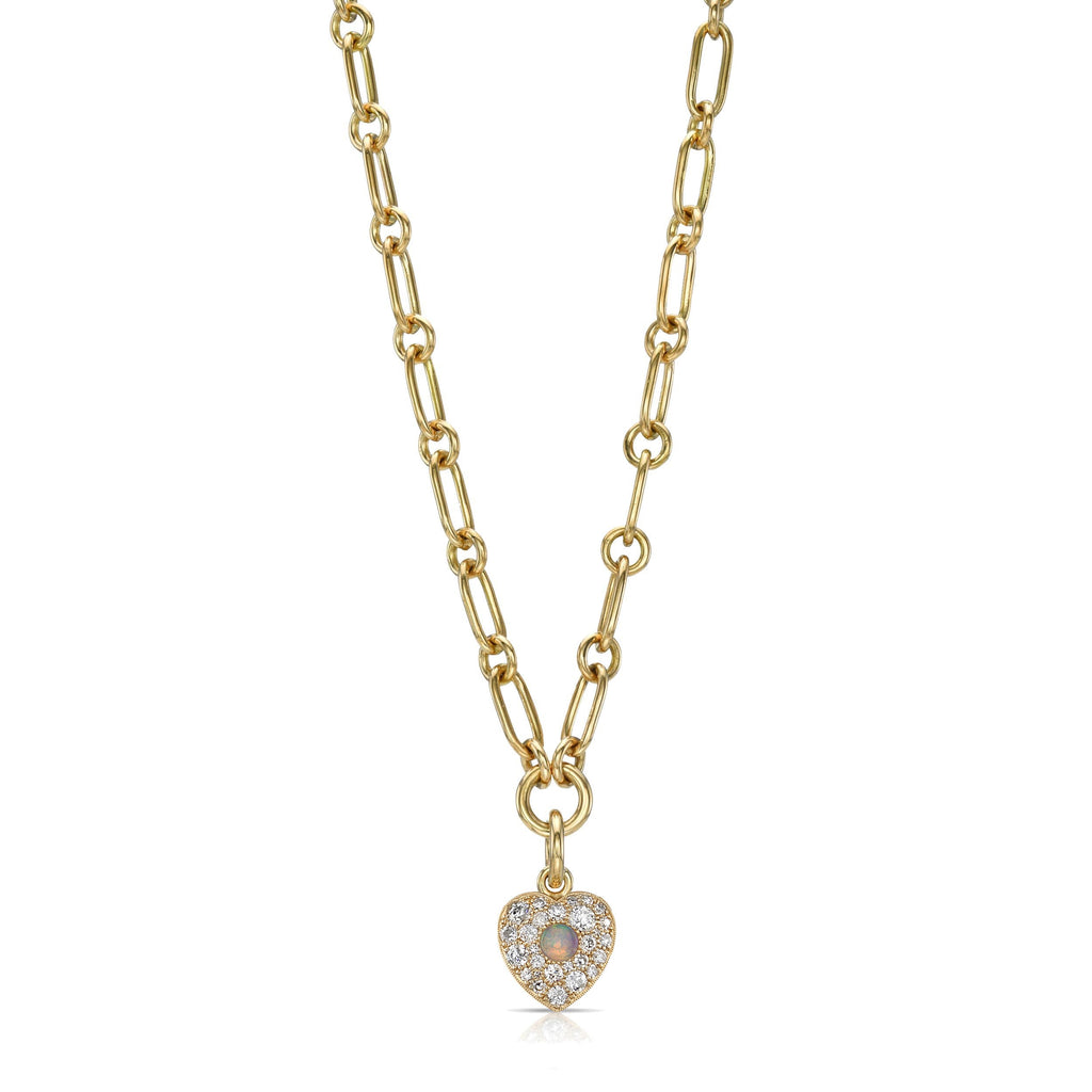 SINGLE STONE MINI LO WITH COBBLESTONE HEART featuring 0.11ct opal cabochon center set amongst 0.69ctw varying old and round brilliant cut diamonds prong set on a handcrafted 18K yellow gold pendant necklace. Necklace measures 17".