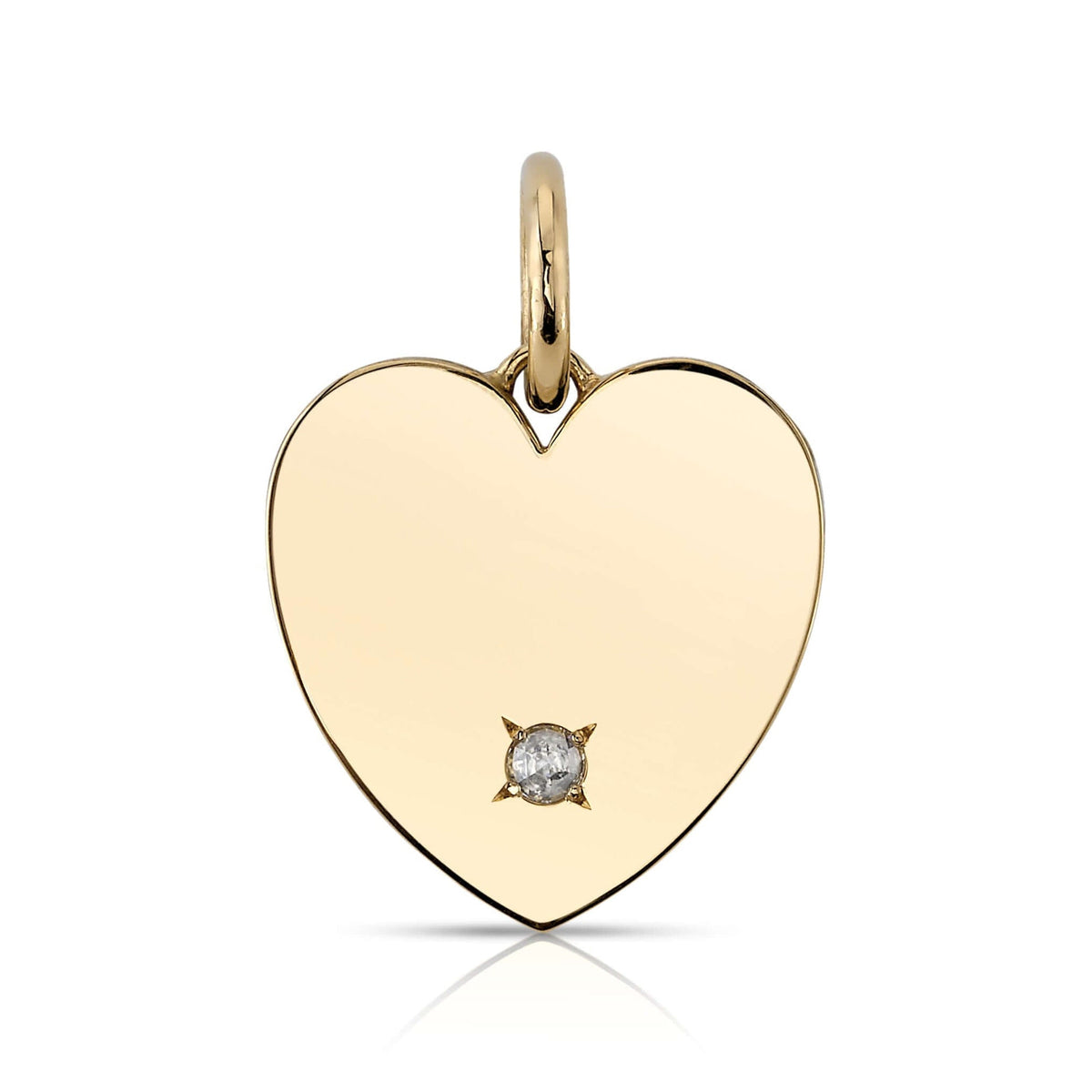 SINGLE STONE MINNIE WITH DIAMOND PENDANT featuring 0.08ctw H/SI rose cut diamond set in a handcrafted 18K yellow gold engravable heart shaped pendant. Charm measures 22mm x 21mm. Available in a polished or matte finish. Price does not include chain.
