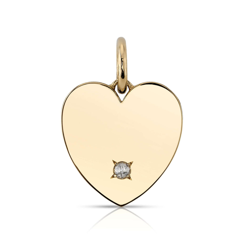SINGLE STONE MINNIE WITH DIAMOND PENDANT featuring 0.08ctw H/SI rose cut diamond set in a handcrafted 18K yellow gold engravable heart shaped pendant. Charm measures 22mm x 21mm. Available in a polished or matte finish. Price does not include chain.