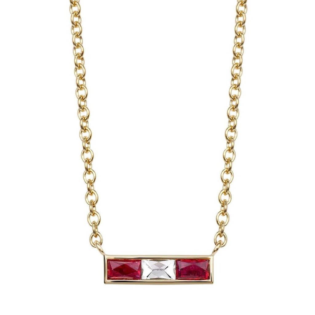 SINGLE STONE MONET NECKLACE WITH DIAMONDS AND GEMSTONES featuring Approximately 0.15ct French cut diamonds set between approximately 0.30ctw French cut gemstones bezel set on a handcrafted 18K yellow gold necklace. Necklace measures 17".