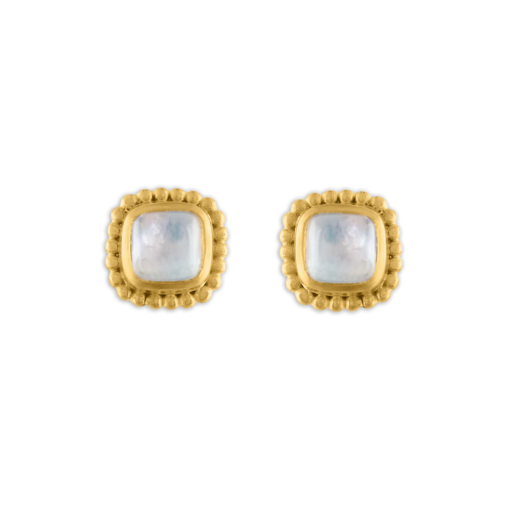 MOONSTONE GRANULATED STUDS, 22k yellow gold 
Cabochon moonstones 
Made in New York 
, EARRINGS, PROUNIS