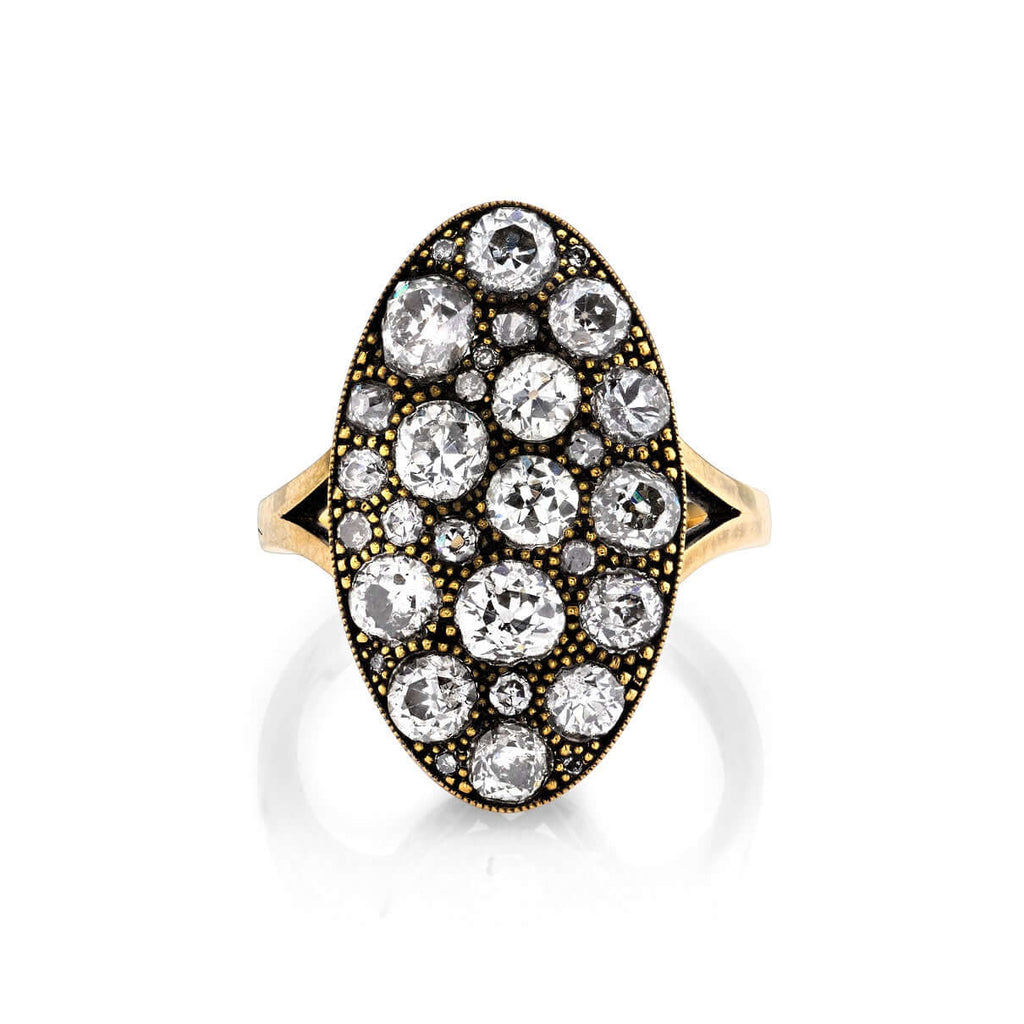 SINGLE STONE MOVAL COBBLESTONE RING featuring 2.96ctw old European, antique Old Mine, Round Brilliant, Single and antique Cushion cut diamonds set in a handcrafted oxidized 18K yellow gold mounting.