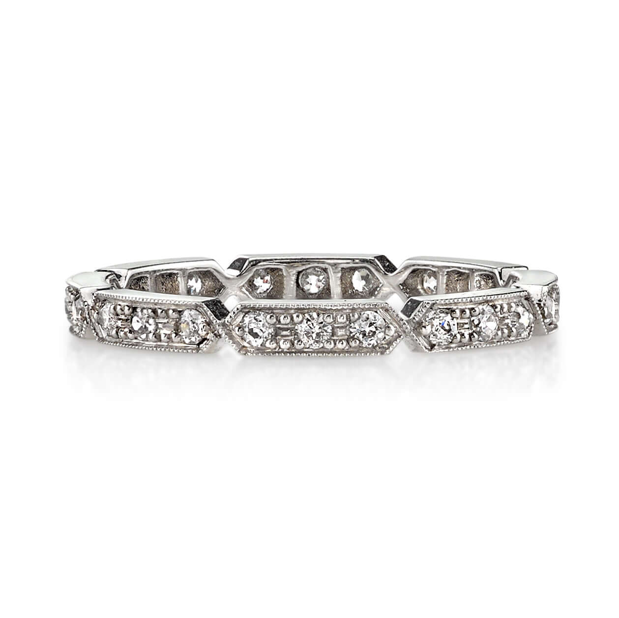 SINGLE STONE CARLY BAND | Approximately 0.30ctw G-H/VS old European cut diamonds prong set in a handcrafted geometric sectional eternity band. Approximate band width 2.1mm. Please inquire for additional customization.