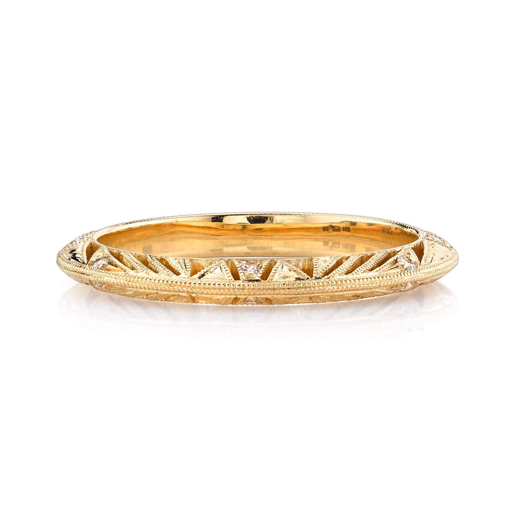 SINGLE STONE PHOENIX BAND | Approximately 0.10ctw G-H/VS old European cut diamonds set in a handcrafted 18K yellow gold eternity band. Available in an oxidized or polished finish. Approximate band with 2.4mm. Please inquire for additional customization.